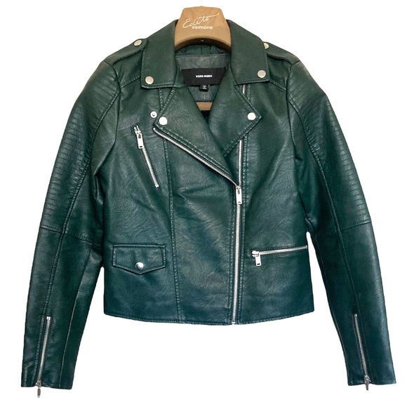 SM•VERO MODA•DARK GREEN VEGAN LEATHER MOTO JACKET• - Picture 1 of 3